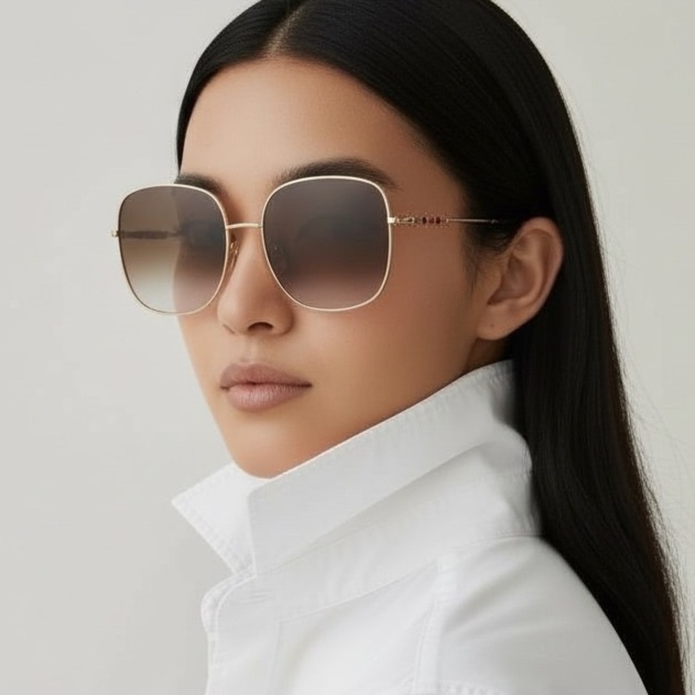 Carolina Herrera Square Oversized Metal Sunglasses CH0035S J5GHA Gold Brown NIB - Picture 2 of 10